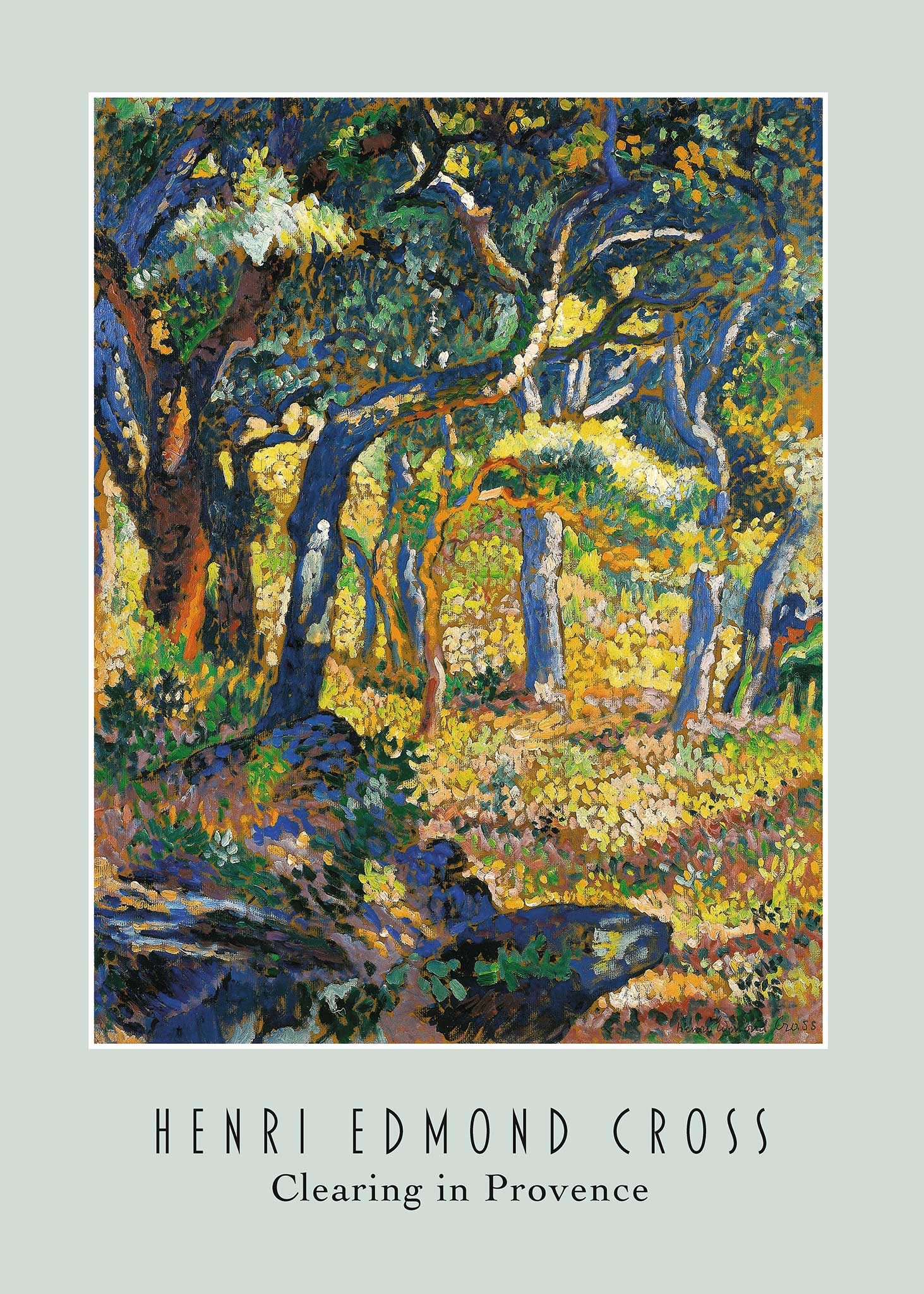 Das lebhafte, impressionistische Gemälde „Lichtung in der Provence“ von Henri Edmond Cross zeigt eine Waldszene mit hohen Bäumen und Sonnenlicht, das durch die Blätter fällt und den Waldboden in schummriges Licht taucht. Das Kunstwerk zeigt eine Mischung aus Grün-, Blau- und Gelbtönen.
A vibrant, impressionist painting titled "Clearing in Provence" by Henri Edmond Cross depicts a forest scene with tall trees and sunlight filtering through the leaves, casting dappled light on the forest floor. The artwork fe