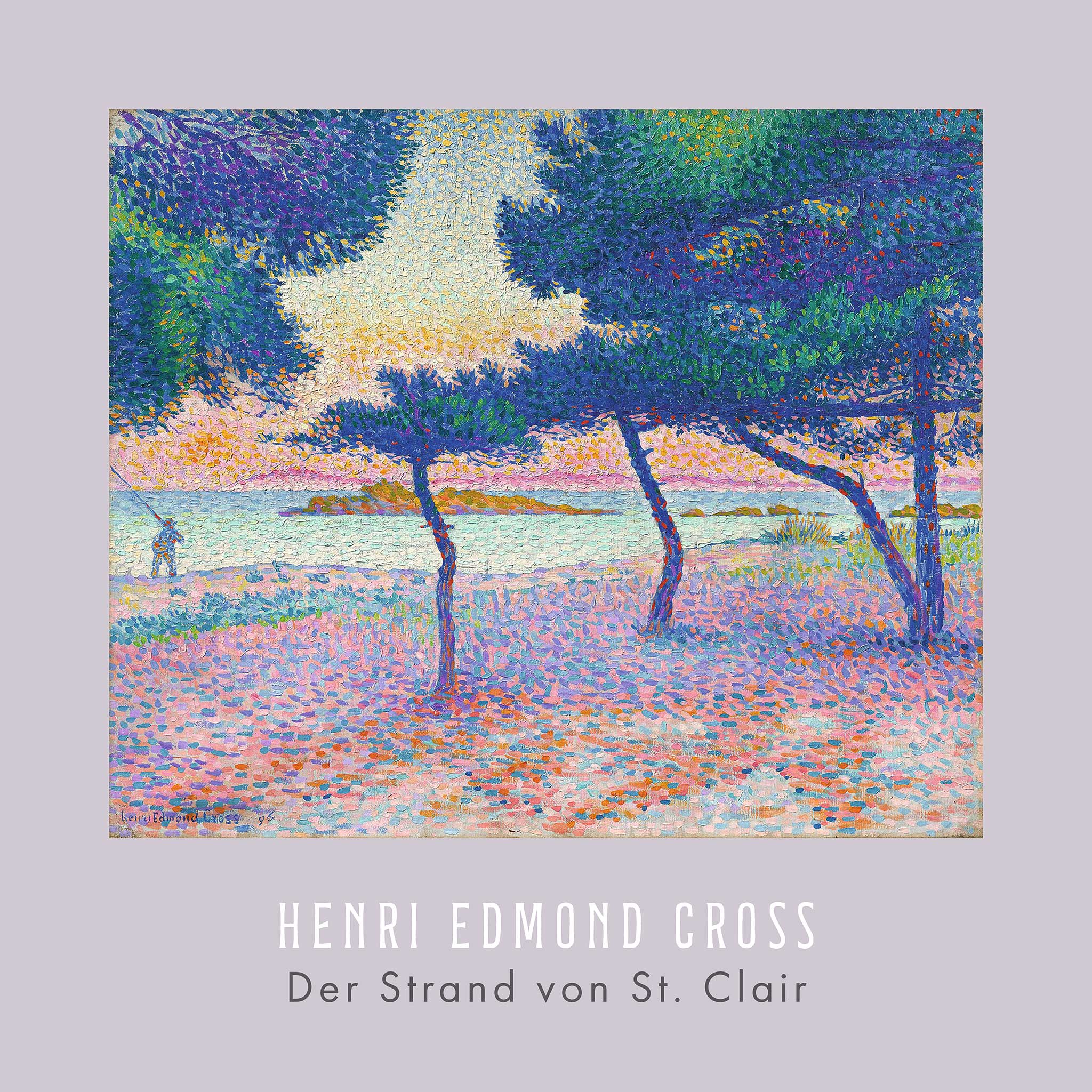 Das Gemälde von Henri Edmond Cross mit dem Titel „Der Strand von St. Clair“ zeigt eine Strandszene mit Bäumen und einem farbenfrohen Himmel.
The painting by Henri Edmond Cross entitled “The Beach at St. Clair” shows a beach scene with trees and a colorful sky.