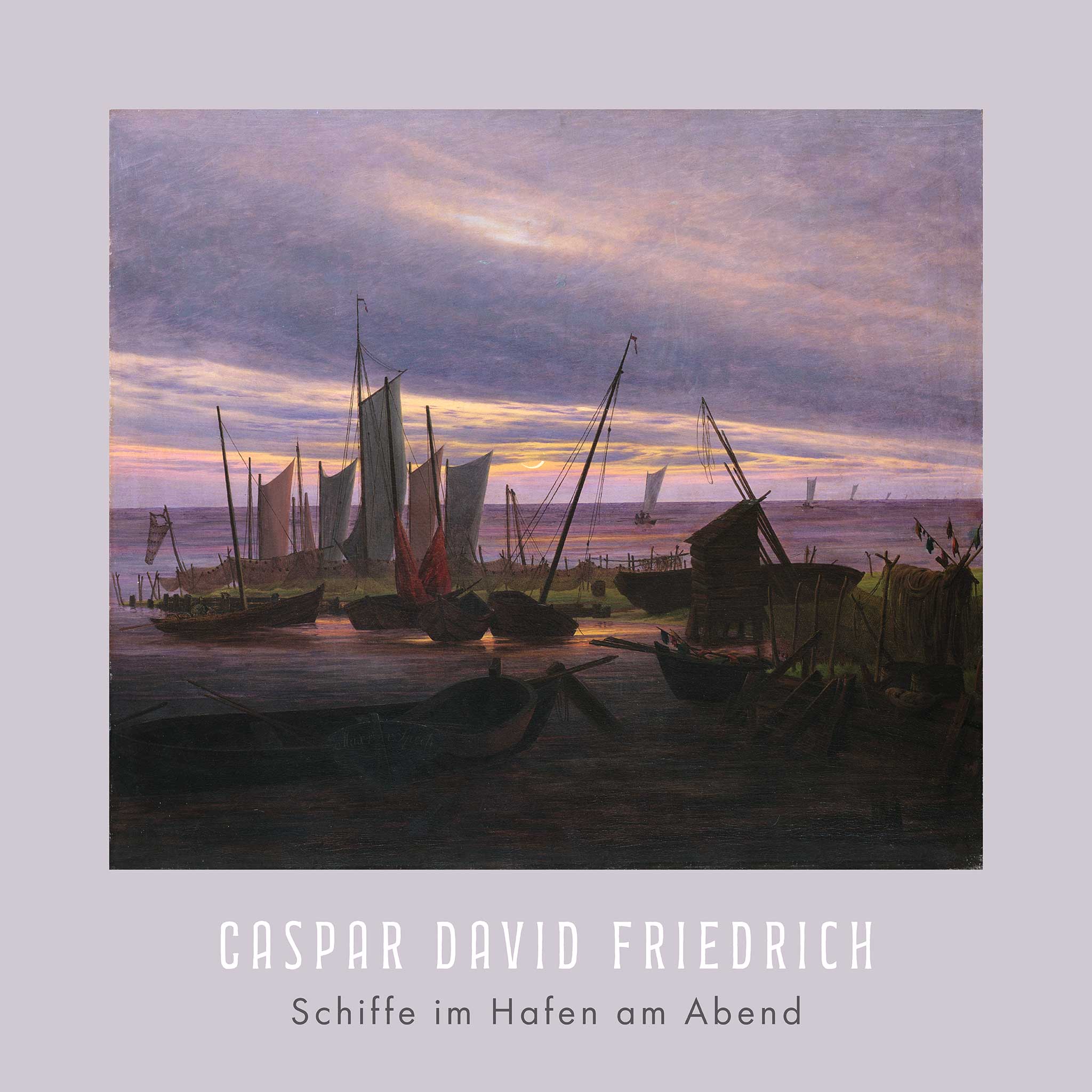 Ein Gemälde von Caspar David Friedrich mit dem Titel „Schiffe im Hafen am Abend“, das mehrere Segelboote zeigt, die während des Sonnenuntergangs an einem Hafen angedockt sind. Der Himmel zeigt einen Farbverlauf, der von Rosa zu Dunkelblau übergeht und eine heitere und ruhige Atmosphäre über die Szene legt.
A painting by Caspar David Friedrich titled "Schiffe im Hafen am Abend," depicting several sailboats docked at a harbor during sunset. The sky displays a gradient of colors, transitioning from pink to dar