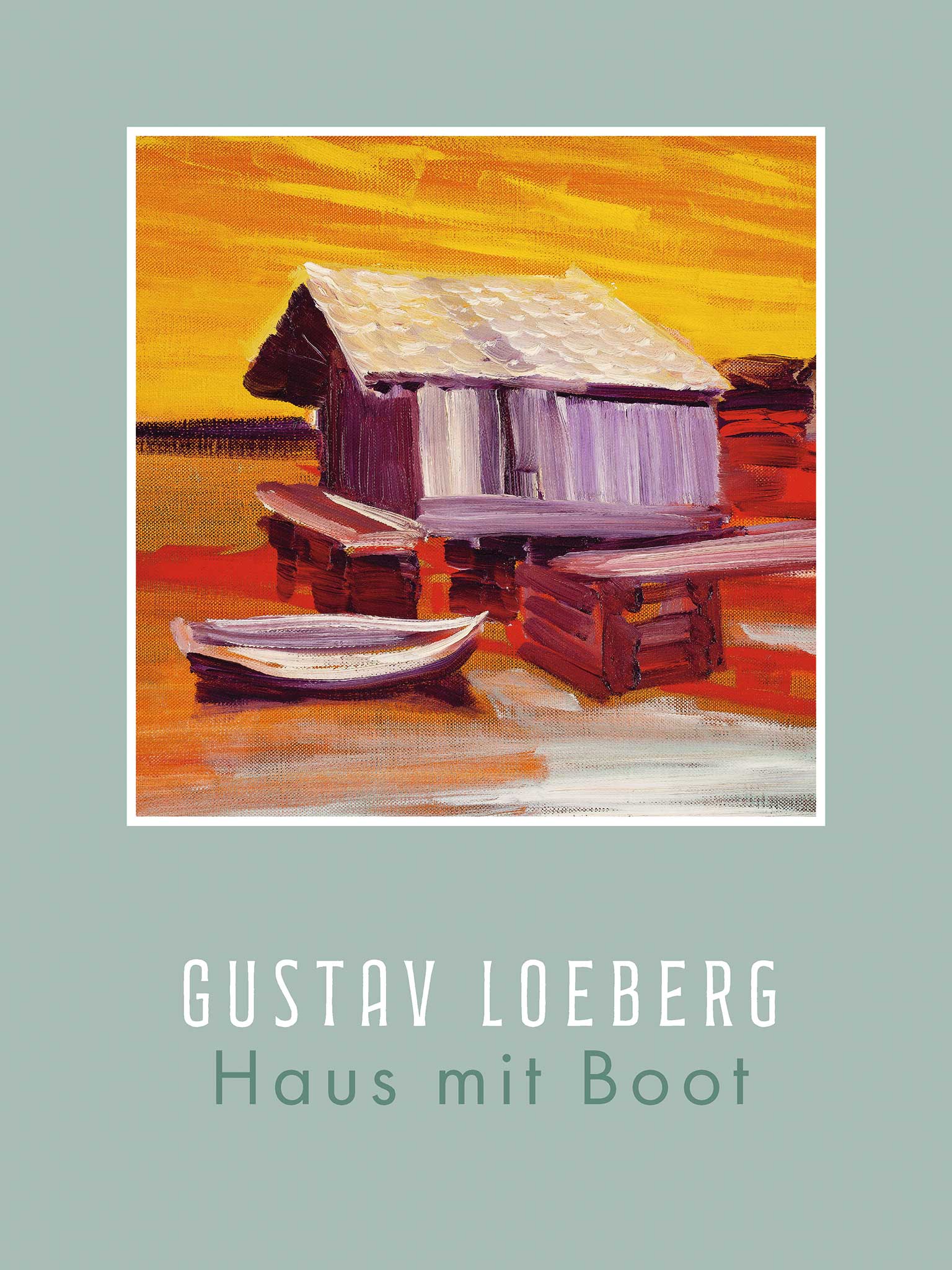 Gemälde mit dem Titel „Haus mit Boot“ von Gunnar Loeberg, das ein Holzhaus neben einem angedockten Ruderboot auf einem Gewässer zeigt, mit einem leuchtend gelben und orangefarbenen Himmel im Hintergrund.
Painting entitled “House with Boat” by Gunnar Loeberg, showing a wooden house next to a docked rowing boat on a body of water, with a bright yellow and orange sky in the background.