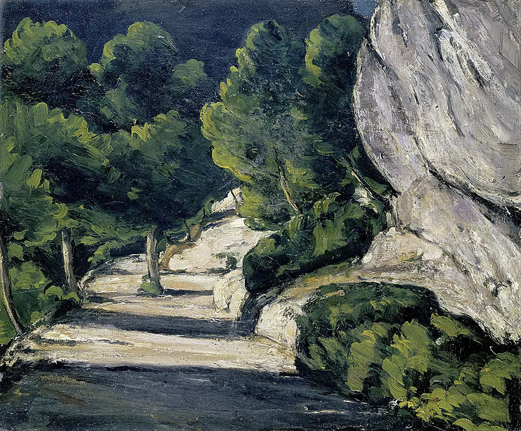 Straße mit Bäumen im Felsgebirge (1870)