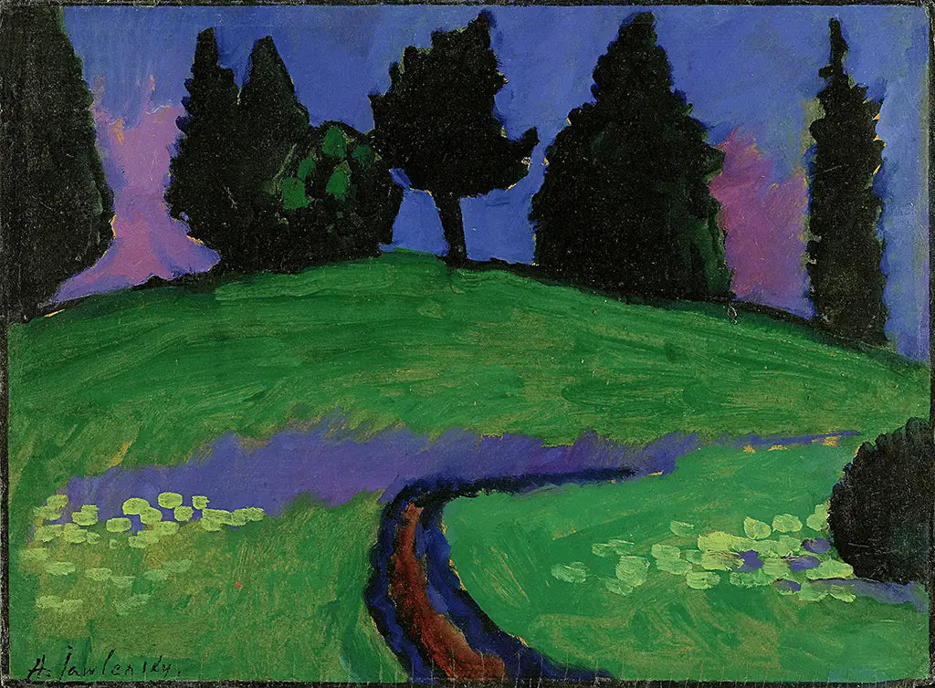 Dunkle Bäume über grünem Hang (1910)