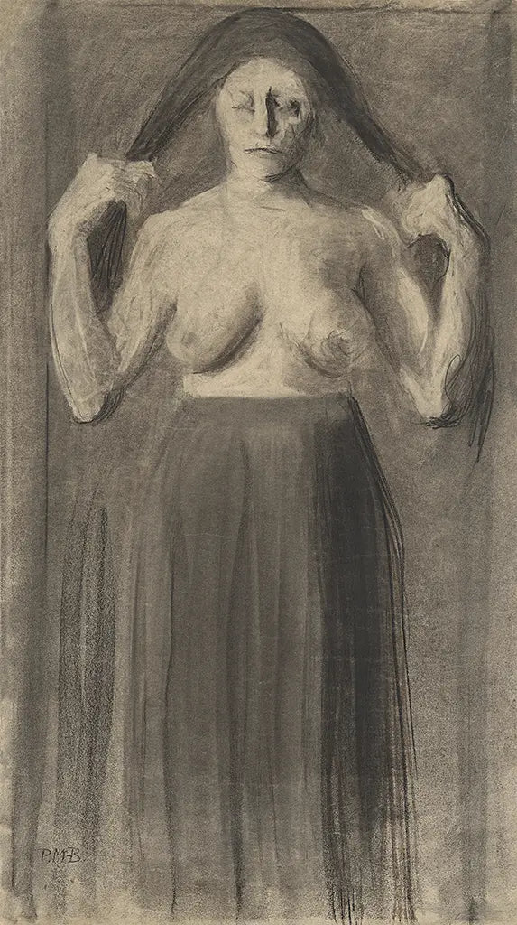 Halbnackte Frau hält ihr Haar auseinander (1898)