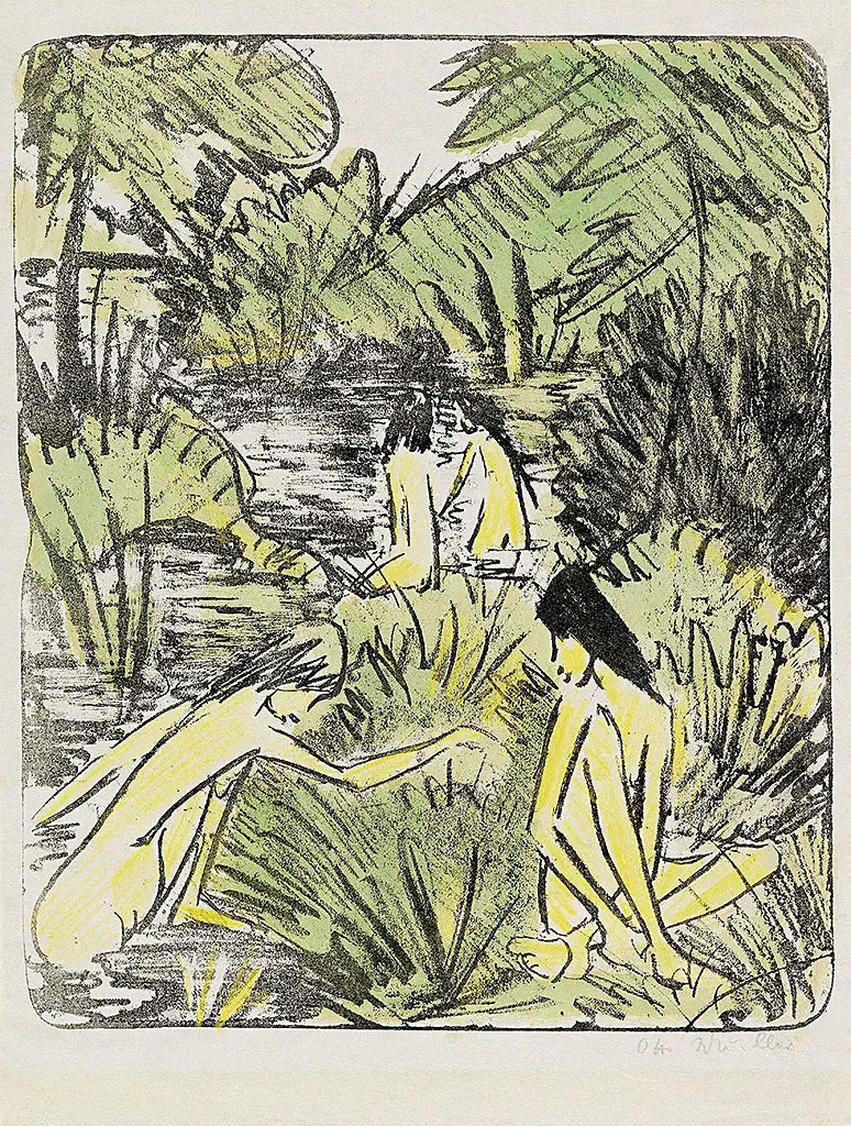 Waldsee mit drei badenden und einem sitzenden Mädchen, koloriert (1918)