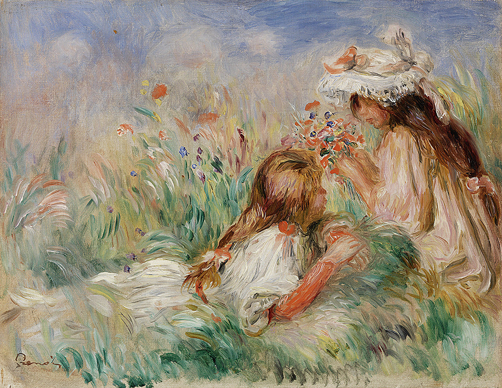 Girls in the grass arranging a bouquet - Fillette couchée sur l'herbe et jeune fille arrangeant un bouquet (1890)