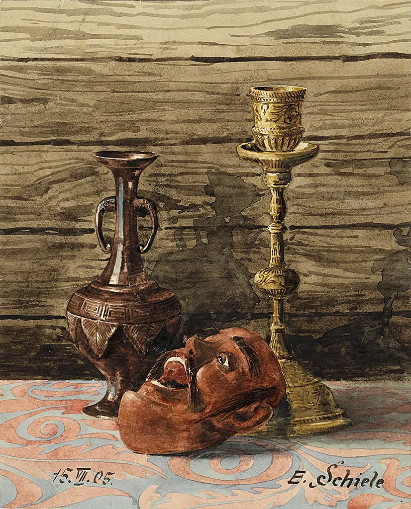 Stillleben mit Kerzenleuchter Vase und Maske (1905)