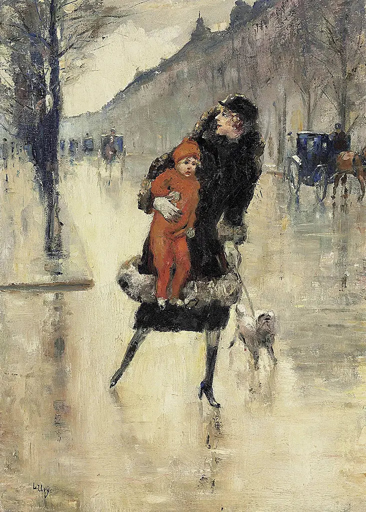 Mutter mit Kind auf einer Straßenkreuzung (1910)