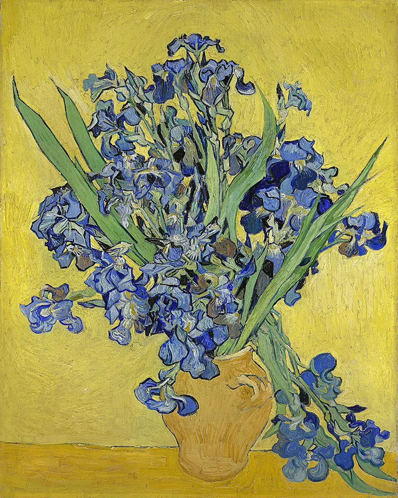 Vase mit Iris vor gelbem Hintergrund (1890)