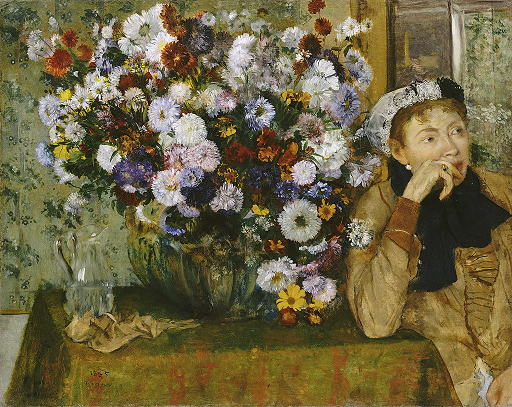 A woman seated beside a vase of flowers (1865)